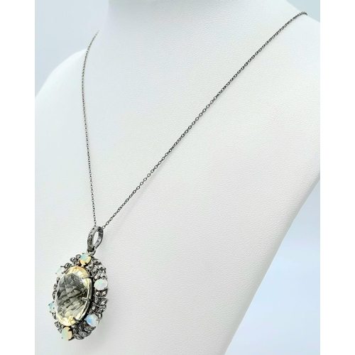 1225 - A Citrine Pendant with Opal and Diamond Surround on 925 Silver Chain.22ct citrine, 1.30ctw opals, 0.... 