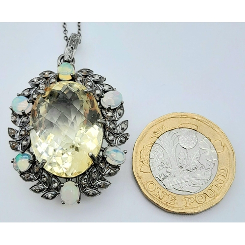 1225 - A Citrine Pendant with Opal and Diamond Surround on 925 Silver Chain.22ct citrine, 1.30ctw opals, 0.... 