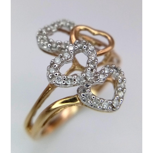 628 - A 9K YELLOW GOLD 4 HEARTS RING, WITH DIAMONDS SET SURROUND THE HEART. 2.4G SIZE N

SC 4044