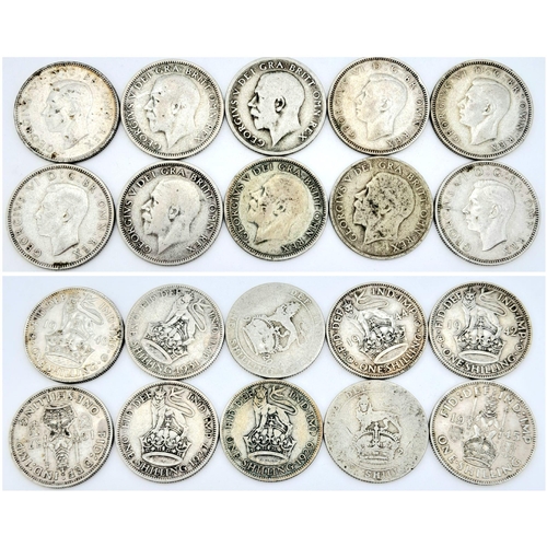 654 - A SELECTION OF 10 ONE SHILLING COINS ALL DATED PRE-1947, SO HAVING MINIMUM OF 50% SILVER CONTENT DAT... 