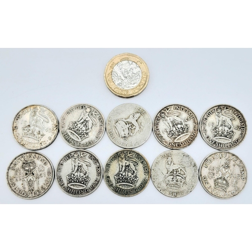 654 - A SELECTION OF 10 ONE SHILLING COINS ALL DATED PRE-1947, SO HAVING MINIMUM OF 50% SILVER CONTENT DAT... 