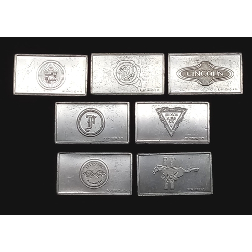 710 - A SELECTION OF 7 STERLING SILVER AMERICAN CAR MANUFACTURERS MINI PLAQUES WITH LOGO AND CARS AND DATE... 