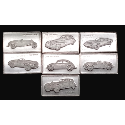 738 - A SELECTION OF 7 STERLING SILVER EUROPEAN CAR MANUFACTURERS MIN CAR PLAQUES WITH LOGO ON ONE SIDE AN... 