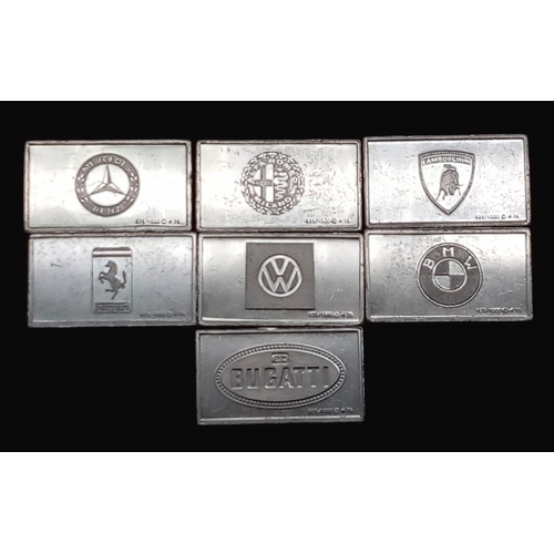 738 - A SELECTION OF 7 STERLING SILVER EUROPEAN CAR MANUFACTURERS MIN CAR PLAQUES WITH LOGO ON ONE SIDE AN... 