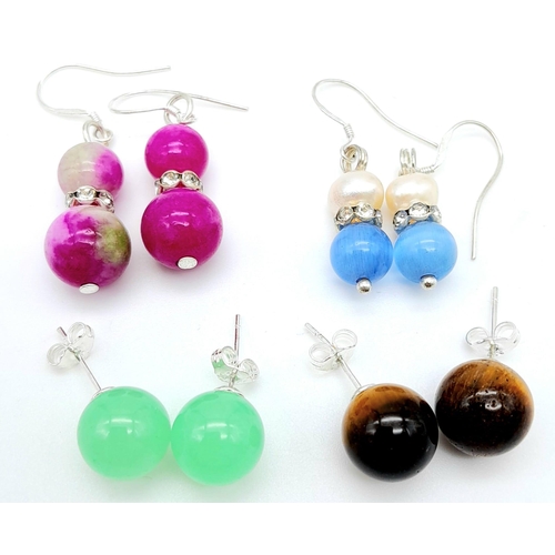 914 - Four Pairs of Different Style Earrings. Tigers eye, aquamarine and pearl, green jade and watermelon ... 