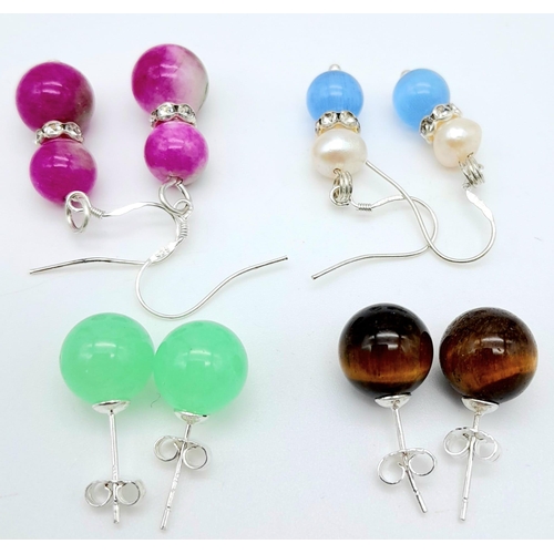 914 - Four Pairs of Different Style Earrings. Tigers eye, aquamarine and pearl, green jade and watermelon ... 