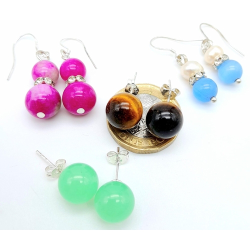 914 - Four Pairs of Different Style Earrings. Tigers eye, aquamarine and pearl, green jade and watermelon ... 