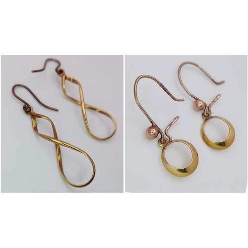 921 - Two Different Pairs of 9K Yellow Gold Earrings - Figure 8 and Circle. 2g total weight.