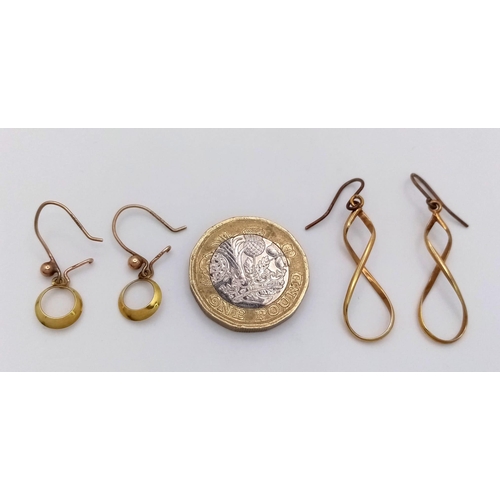 921 - Two Different Pairs of 9K Yellow Gold Earrings - Figure 8 and Circle. 2g total weight.