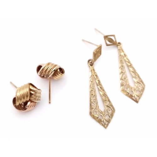 947 - Two Different Style Pairs of 9K Yellow Gold Earrings. Kite and Knot. No backs. 1.86g total weight.