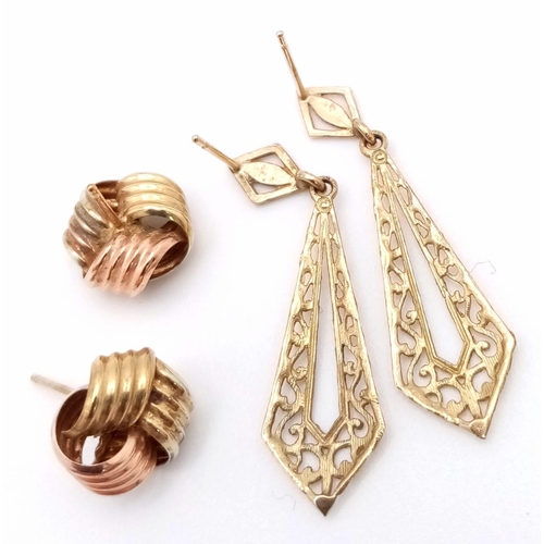 947 - Two Different Style Pairs of 9K Yellow Gold Earrings. Kite and Knot. No backs. 1.86g total weight.