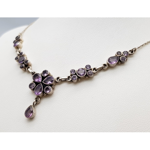 964 - An Excellent Condition, Vintage and Elegant Sterling Silver Amethyst Set Necklace. 40cm Length. 11.9... 