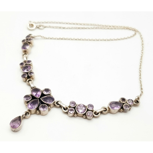 964 - An Excellent Condition, Vintage and Elegant Sterling Silver Amethyst Set Necklace. 40cm Length. 11.9... 