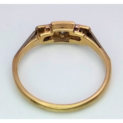 612 - An Antique 18K Yellow Gold and Diamond Trilogy Ring. Three diamonds in a platinum setting. Size O. 2... 