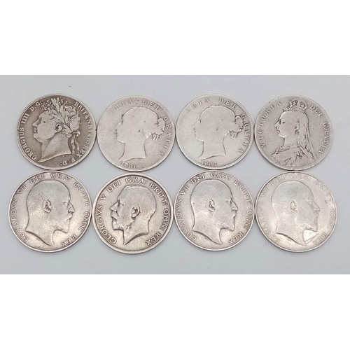 1242 - Eight Pre 1920 Silver British Half Crown Coins. Different grades but please see photos. 110g total w... 