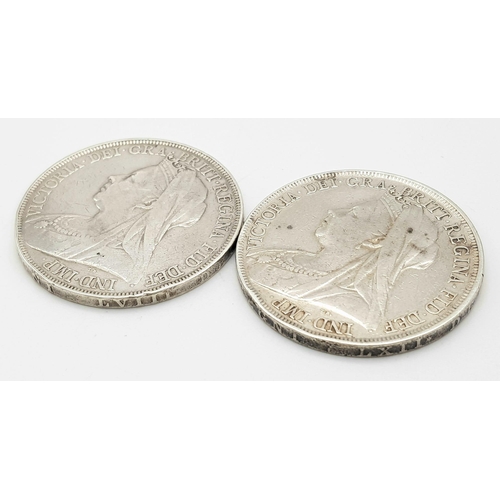 591 - Two Queen Victoria Silver Crown Coins - 1895 and 1898. Please see photos for conditions.