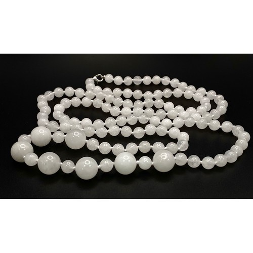 689 - A Rope Length Graduated White Jade Bead Necklace. Perfect for different wearing arrangements. 120cm ... 