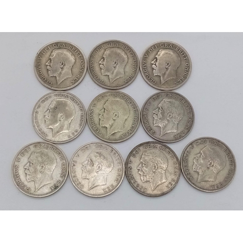 1249 - Ten Pre 1947 Silver Half Crown Coins. Different grades but please see photos. 138g total weight.