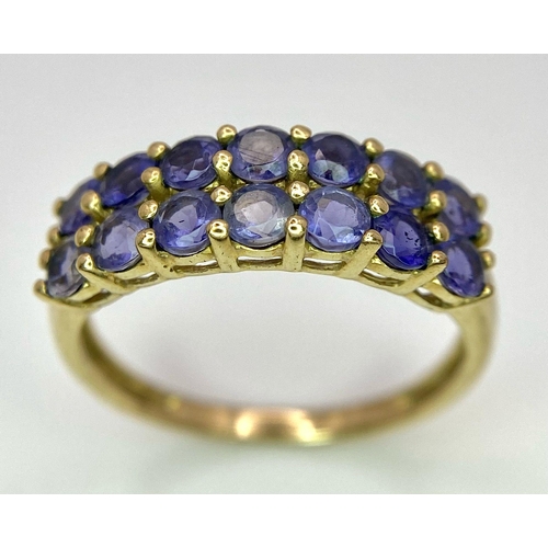 1238 - A Vintage 9K Yellow Gold Amethyst Two-Row Ring. 14 amethysts. Size R. 2.32g total weight.