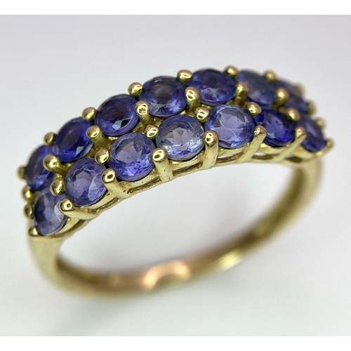 1238 - A Vintage 9K Yellow Gold Amethyst Two-Row Ring. 14 amethysts. Size R. 2.32g total weight.