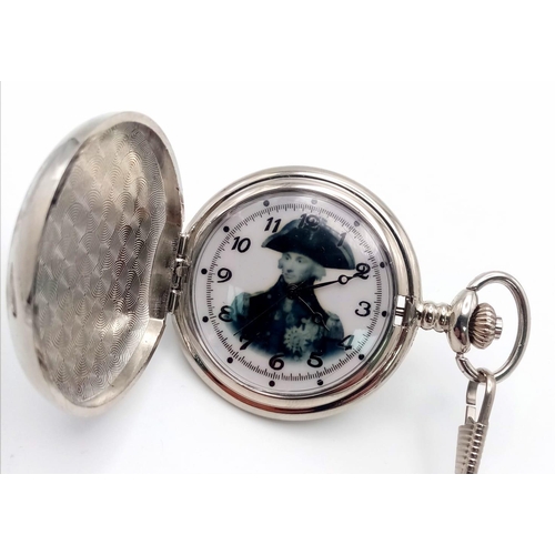 1344 - An Unused Silver Tone Pocket Watch with Albert Chain Depicting Lord Nelson. New Battery Fitted Febru... 