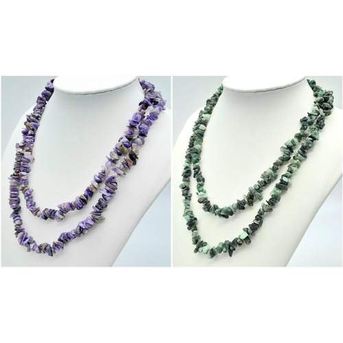 1370 - Two Natural Rough-Cut Gemstone Necklaces. Amethyst and Aventurine. Both 82cm length.