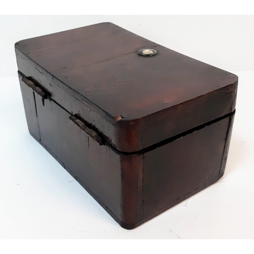 1394 - An Antique Wooden Box with an Attached Badge of Slipper Chapel, Walsingham. 27cm x 15cm x 14cm.