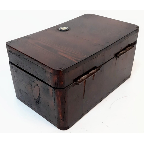 1394 - An Antique Wooden Box with an Attached Badge of Slipper Chapel, Walsingham. 27cm x 15cm x 14cm.