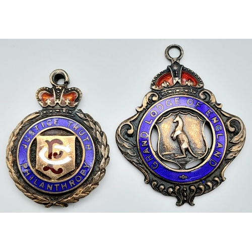 1483 - 2X vintage Enamel sterling silver Masonic pendants awarded to Bro Percy Skelton by the Jubilee lodge... 