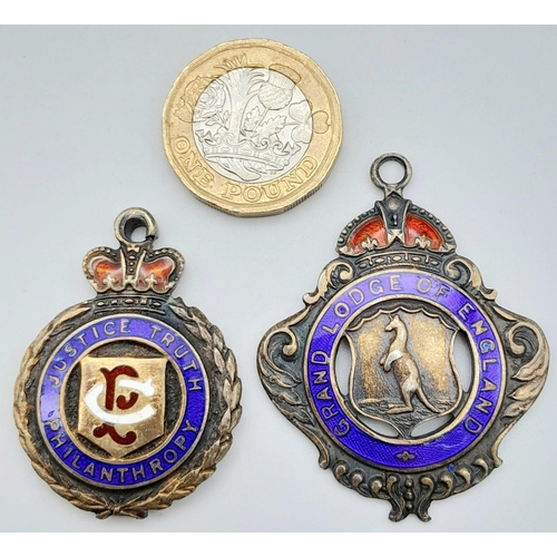 1483 - 2X vintage Enamel sterling silver Masonic pendants awarded to Bro Percy Skelton by the Jubilee lodge... 