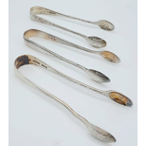 1497 - 3X antique sterling silver sugar tongs with different designs. 2 of them come with Full London hallm... 