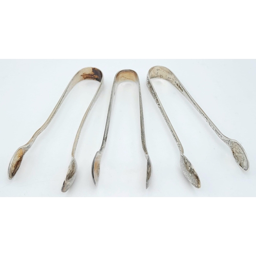 1497 - 3X antique sterling silver sugar tongs with different designs. 2 of them come with Full London hallm... 