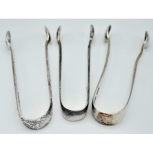 1497 - 3X antique sterling silver sugar tongs with different designs. 2 of them come with Full London hallm... 