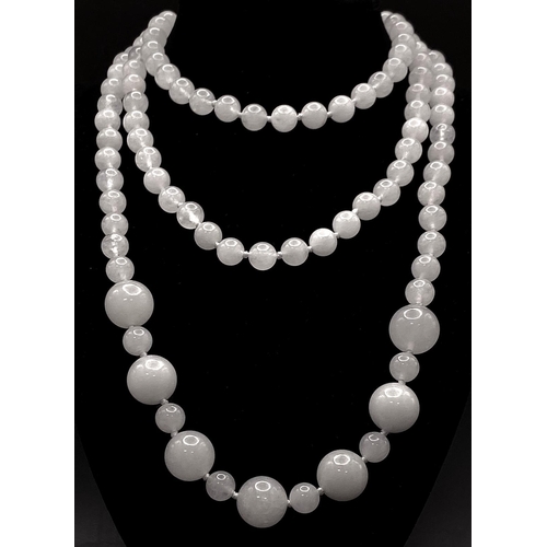 689 - A Rope Length Graduated White Jade Bead Necklace. Perfect for different wearing arrangements. 120cm ... 