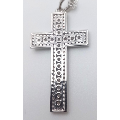 1493 - A Decorative White Stone Cross on a 925 Silver Disappearing Necklace. 4cm and 42cm