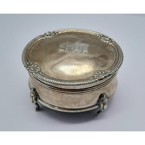 1865 - A Beautiful Antique Sterling Silver Trinket Circular Case. Monogram hinged lid, pedestal feet. 6cm d... 