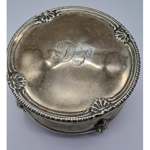 1865 - A Beautiful Antique Sterling Silver Trinket Circular Case. Monogram hinged lid, pedestal feet. 6cm d... 