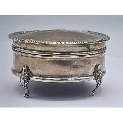 1865 - A Beautiful Antique Sterling Silver Trinket Circular Case. Monogram hinged lid, pedestal feet. 6cm d... 