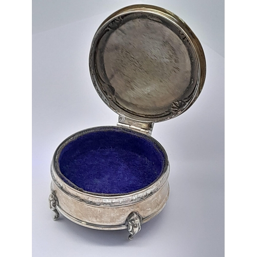 1865 - A Beautiful Antique Sterling Silver Trinket Circular Case. Monogram hinged lid, pedestal feet. 6cm d... 