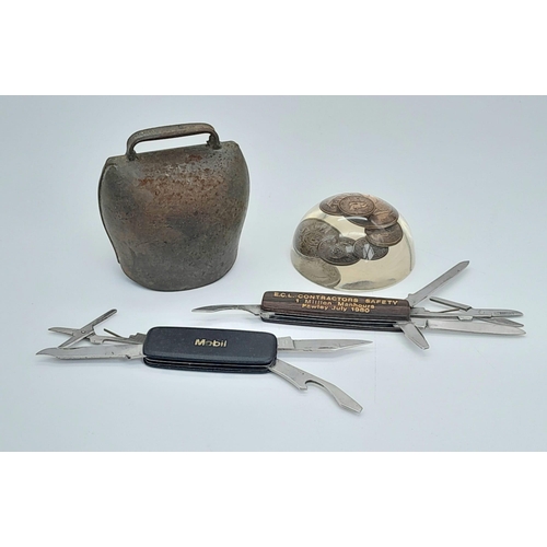 1869 - A Nice Vintage Bundle: Old coin paperweight, 2 penknives and a cowbell!