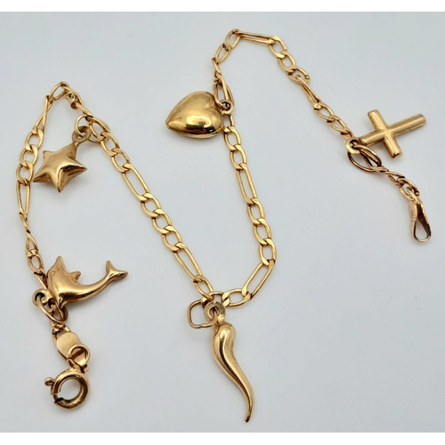 1347 - A 9K Yellow Gold Charm Bracelet. Six charms including, Dolphin and horn of plenty! 18cm. 2.11g total... 