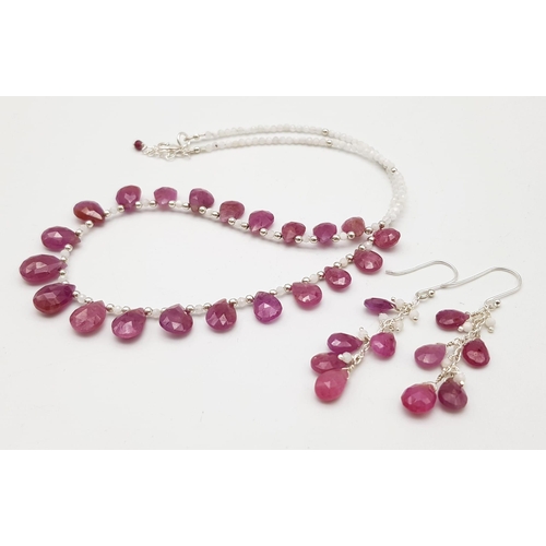 1264 - A 115ctw Ruby Teardrop Necklace with Moonstones and Matching Drop Earrings, Set on 925 Silver. 47cm ... 