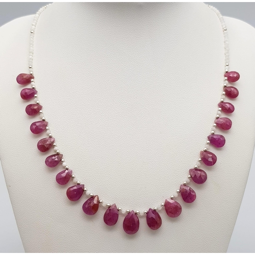 1264 - A 115ctw Ruby Teardrop Necklace with Moonstones and Matching Drop Earrings, Set on 925 Silver. 47cm ... 