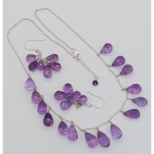 1349 - A 150ctw Amethyst Teardrop Necklace with Matching Drop Earrings on 925 Silver. 47cm necklace length ... 