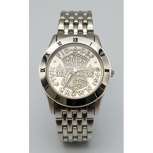 1446 - The Half Crown Quartz Gents Watch. Stainless steel bracelet and case - 41mm. Decorative half crown d... 