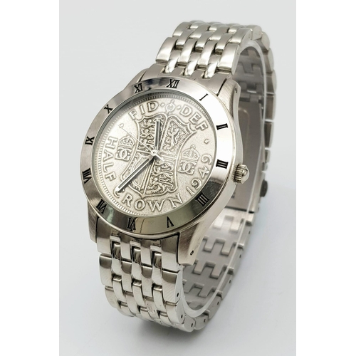 1446 - The Half Crown Quartz Gents Watch. Stainless steel bracelet and case - 41mm. Decorative half crown d... 