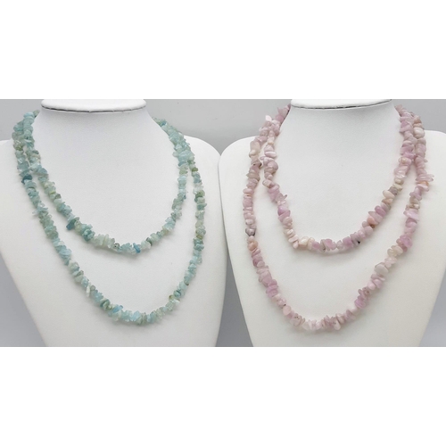 1507 - Two Natural Rough-Cut Gemstone Necklaces - Aquamarine and Kunzite. Both 82cm.