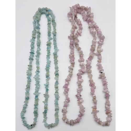 1507 - Two Natural Rough-Cut Gemstone Necklaces - Aquamarine and Kunzite. Both 82cm.