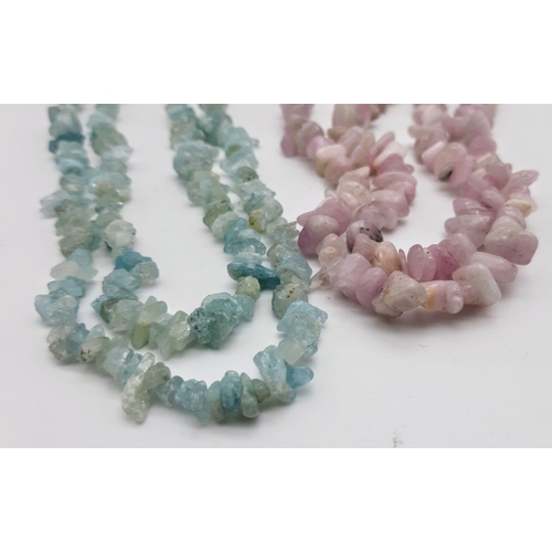 1507 - Two Natural Rough-Cut Gemstone Necklaces - Aquamarine and Kunzite. Both 82cm.