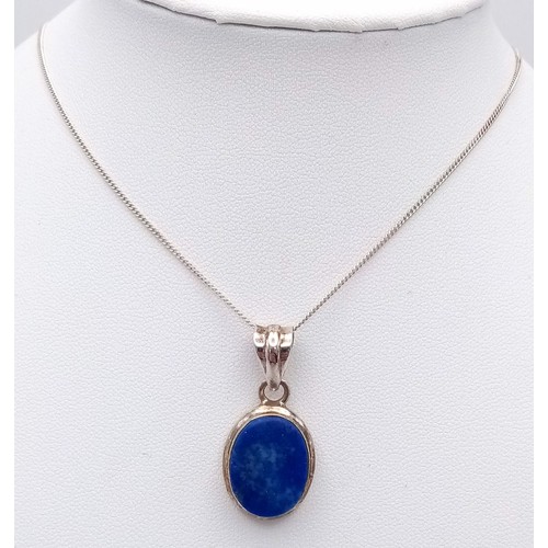 1487 - A Lapis Pendant and Earring 925 Silver Set. 40cm necklace. 3cm pendant.